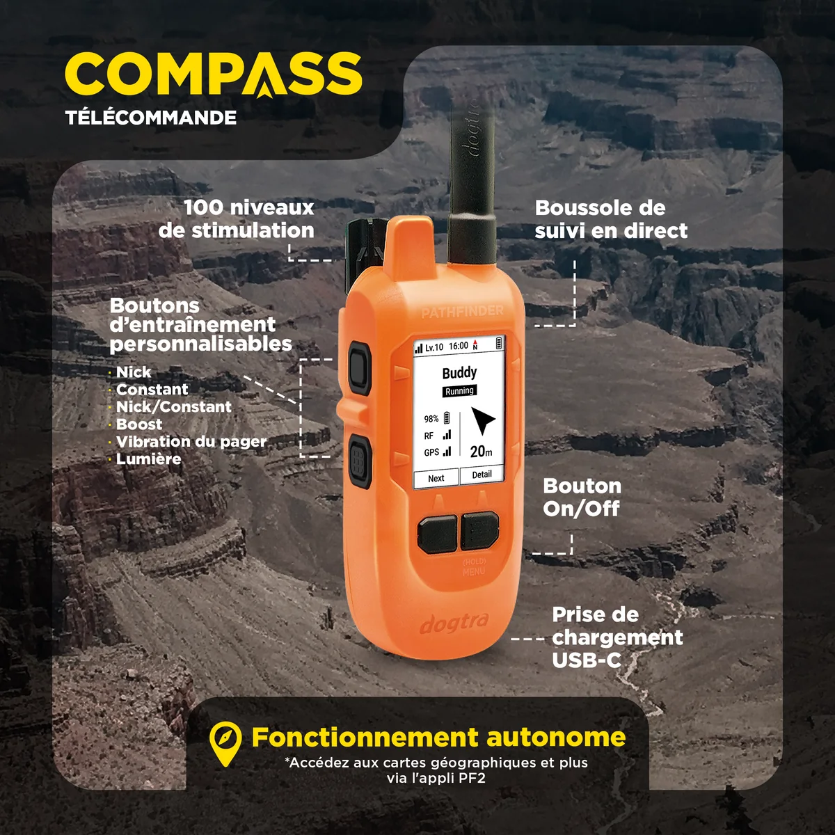 COMPASS uzaktan kumanda: düğmeler, ekran ve bağlantı noktaları